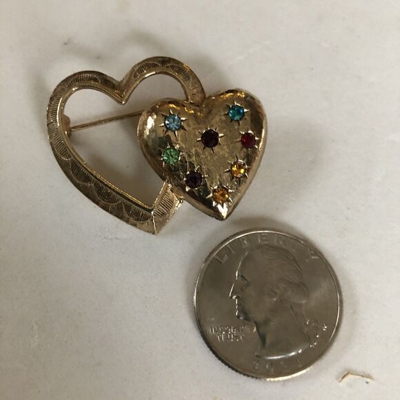 Vtg Signed EMMONS Pin/Brooch, Textured GT Double Heart w/Multi-Color Rhinestones - Picture 7 of 7